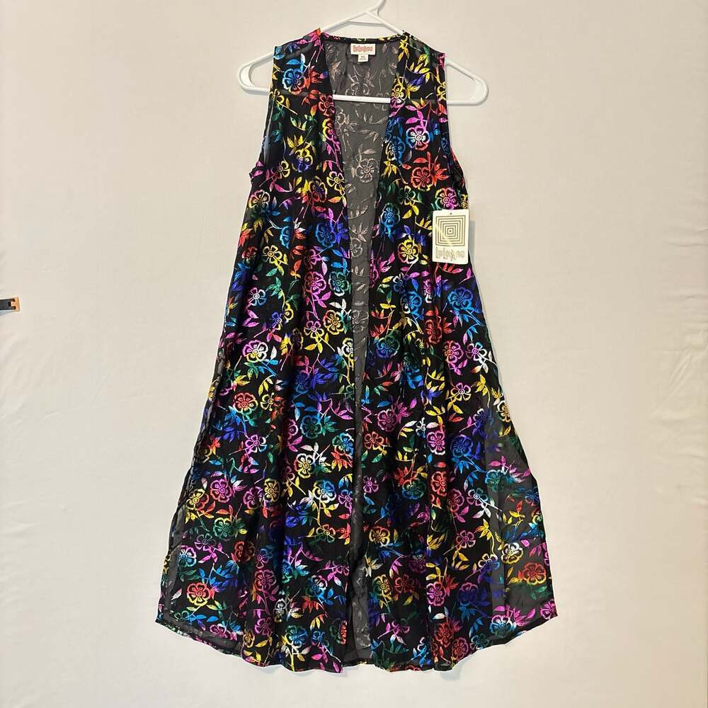 LuLaRoe kimono‎ Whimsical Rainbow Floral Black Sheer Festival Size XS